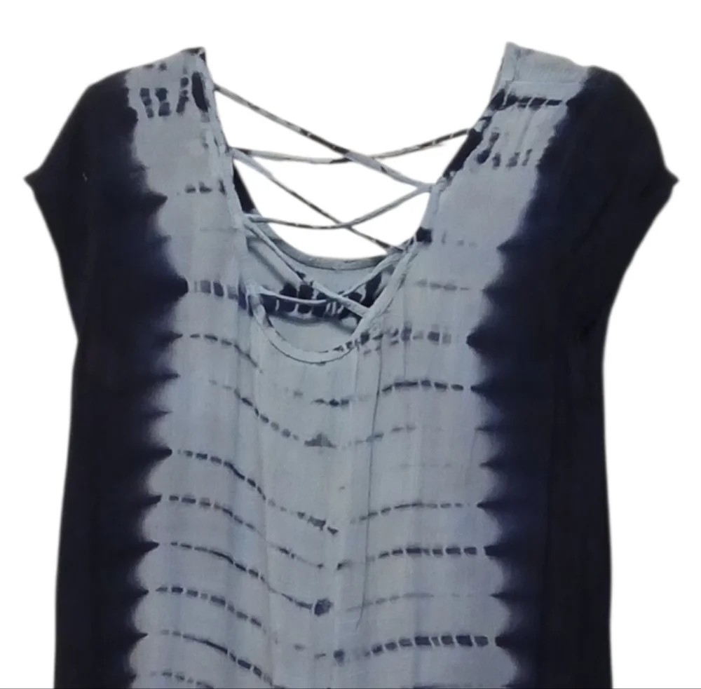 Blue Island - NWOT Hi/Lo Tie-Dye Beach Dress W/Crochet Fringe, Criss Cross Back - Picture 10 of 13